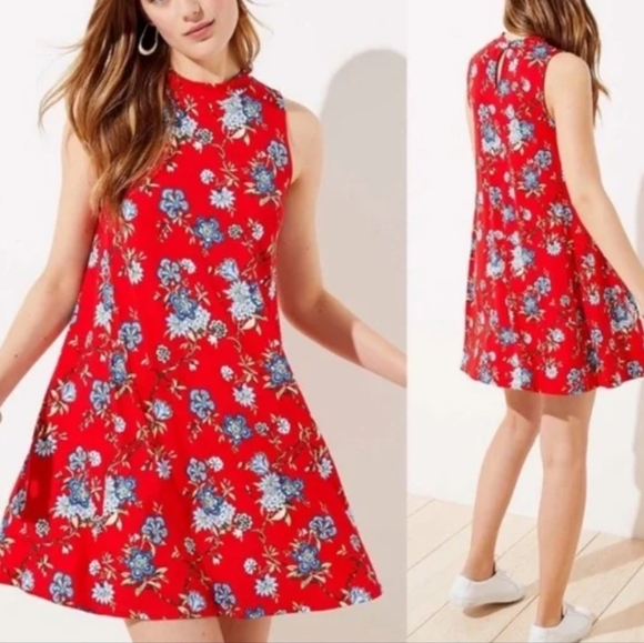 LOFT Dresses & Skirts - LOFT Vine Neck Mock Swing Dress Red Floral Medium Petite